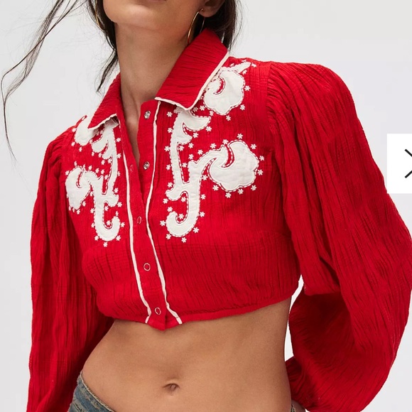 Urban Outfitters Tops - Urban Outfitters Red and White Embroidered Crop Top